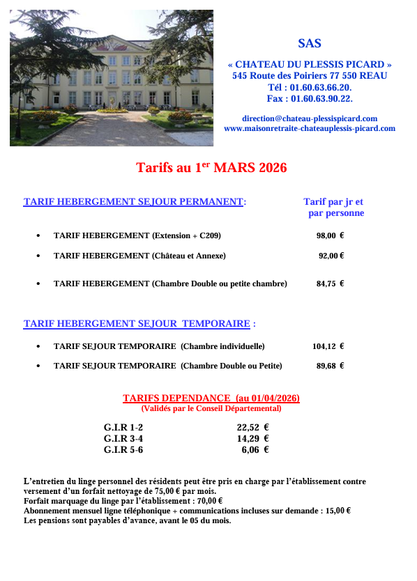 Tarifs 2026